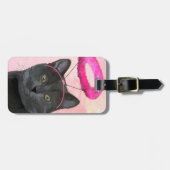 Schwarze Katze mit rosa Engel Halo Gepäckanhänger (Vorderseite horizontal)