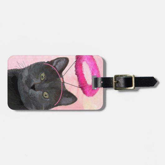 Schwarze Katze mit rosa Engel Halo Gepäckanhänger (Vorderseite horizontal)