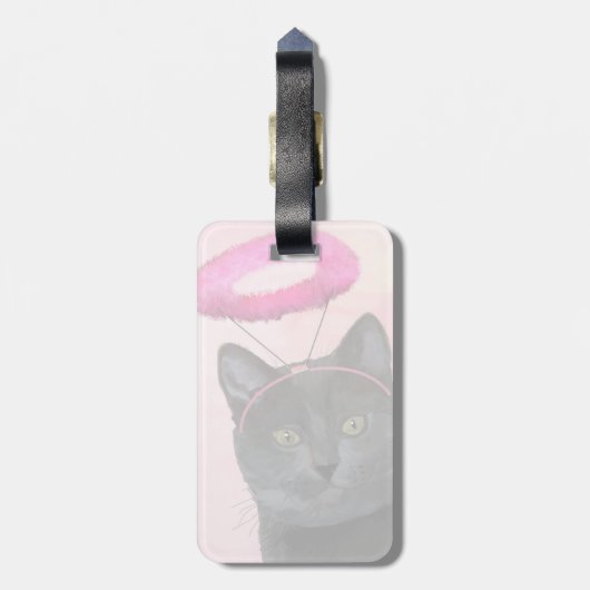 Schwarze Katze mit rosa Engel Halo Gepäckanhänger (Rückseite vertikal)
