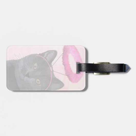 Schwarze Katze mit rosa Engel Halo Gepäckanhänger (Rückseite horizontal)