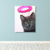 Schwarze Katze mit rosa Engel Halo Leinwanddruck (Insitu (Holzboden))