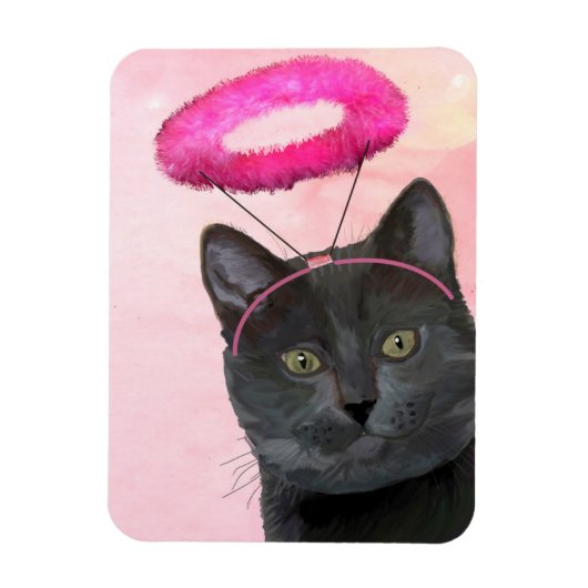 Schwarze Katze mit rosa Engel Halo Magnet (Vertikal)