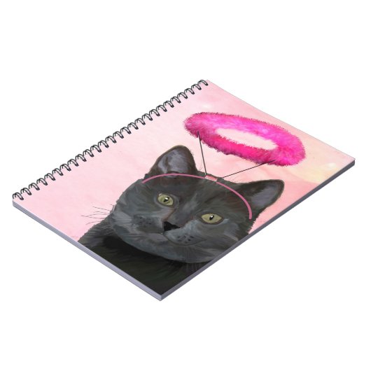Schwarze Katze mit rosa Engel Halo Notizblock (Linke Seite)