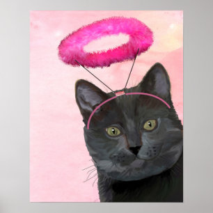 Schwarze Katze mit rosa Engel Halo Poster
