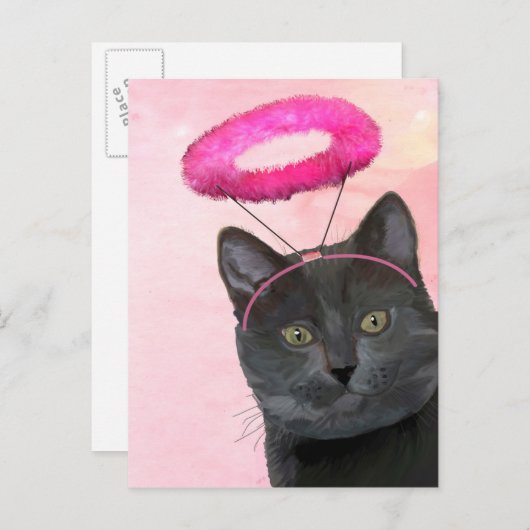 Schwarze Katze mit rosa Engel Halo Postkarte (Vorne/Hinten)
