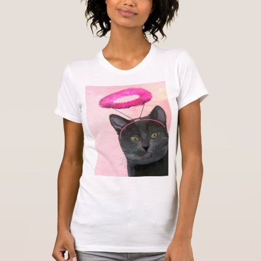 Schwarze Katze mit rosa Engel Halo T-Shirt (Vorderseite)