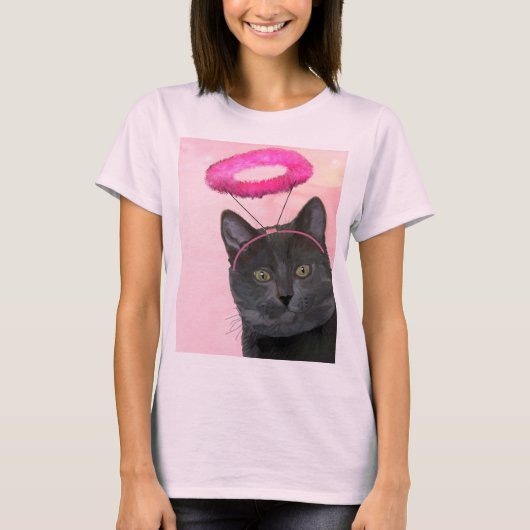 Schwarze Katze mit rosa Engel Halo T-Shirt (Vorderseite)
