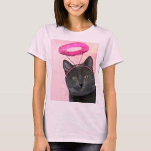 Schwarze Katze mit rosa Engels-Halo T-Shirt