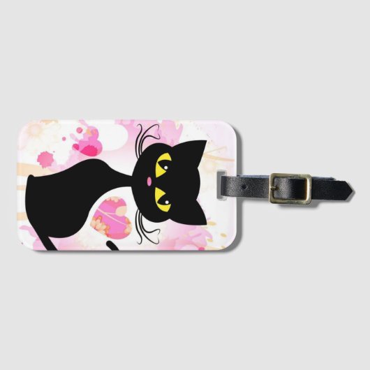 Schwarze Katze mit rosa Herz-Gepäckanhänger Gepäckanhänger (Vorderseite (Horizontal))