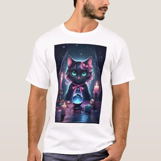 Schwarze Katze mit rosa Ribbon Fortune Teller T-Shirt (Vorderseite)