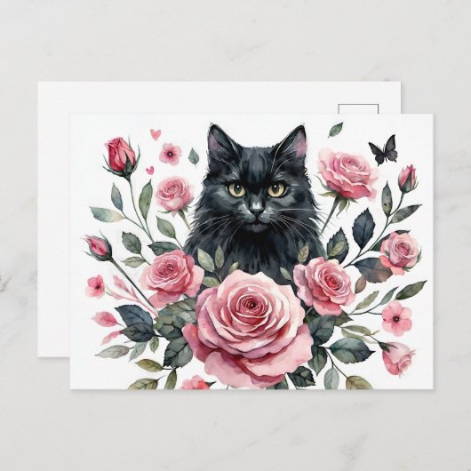 Schwarze Katze mit rosa Rosen Wasserfarbe Postkart Postkarte (Vorne/Hinten)