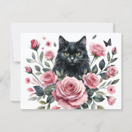 Schwarze Katze mit rosa Rosen Wasserfarbe Postkart Postkarte