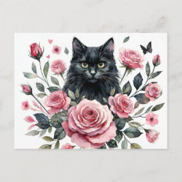 Schwarze Katze mit rosa Rosen Wasserfarbe Postkart Postkarte