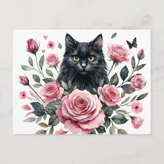 Schwarze Katze mit rosa Rosen Wasserfarbe Postkart Postkarte (Vorderseite)