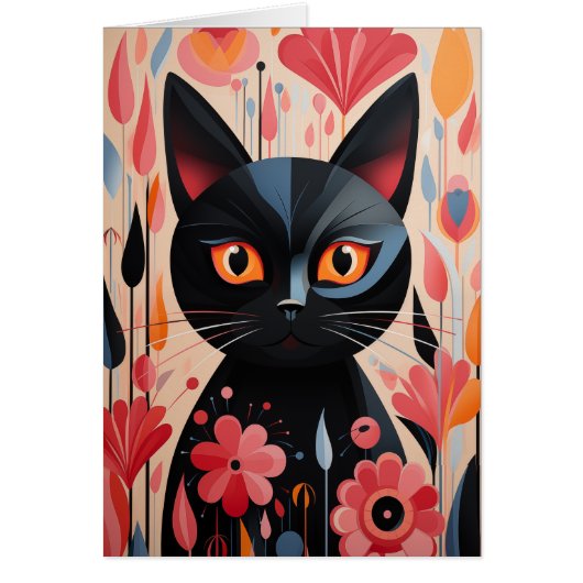 Schwarze Katze mit rosafarbenen Blume innen blau (Vorne)