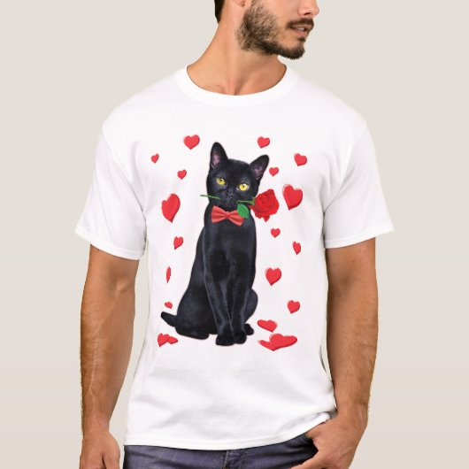 Schwarze Katze mit Rose Valentine Valentine Katze T-Shirt (Vorderseite)