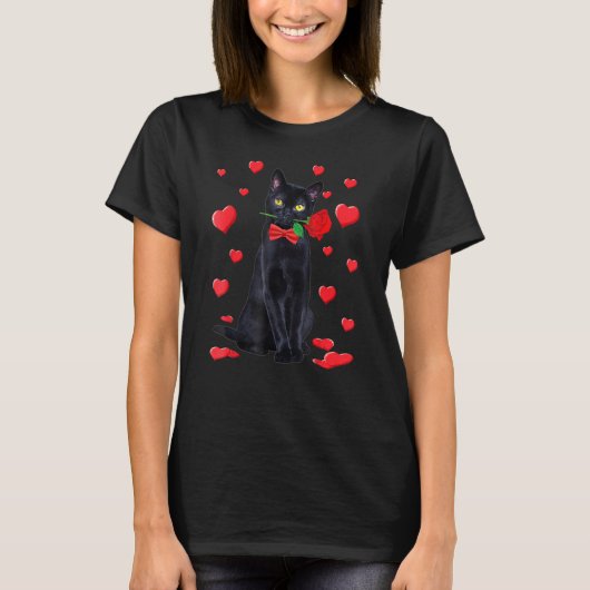 Schwarze Katze mit Rose Valentine Valentine T-Shirt (Vorderseite)