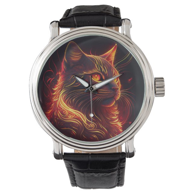 Schwarze Katze mit Rot- und Goldener Aura Armbanduhr (Vorderseite)
