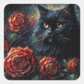 Schwarze Katze mit Rote Rosen Art Quadratischer Aufkleber (Vorderseite)