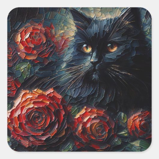 Schwarze Katze mit Rote Rosen Art Quadratischer Aufkleber (Vorderseite)