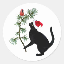 Schwarze Katze mit Rotem Vogel in Weihnachtsbaum S Runder Aufkleber