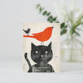 Schwarze Katze mit Rotem Vogel und Hybridkreatur Postkarte (Stehend Vorderseite)