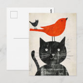 Schwarze Katze mit Rotem Vogel und Hybridkreatur Postkarte (Vorne/Hinten)