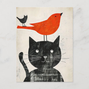 Schwarze Katze mit Rotem Vogel und Hybridkreatur Postkarte