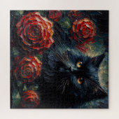 Schwarze Katze mit roten Rosen Gothic-Puzzle Puzzle (Horizontal)