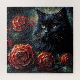 Schwarze Katze mit roten Rosen Gothic-Puzzle Puzzle
