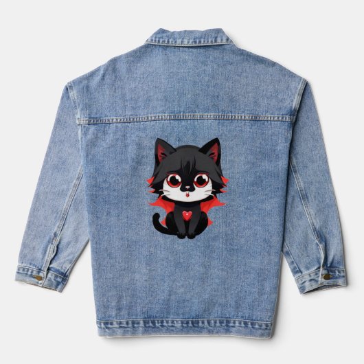 Schwarze Katze mit roter Farbe Jeansjacke (Rückseite)