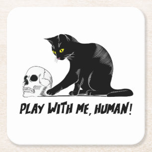 Schwarze Katze mit Schädelspiel mit mir menschlich Rechteckiger Pappuntersetzer