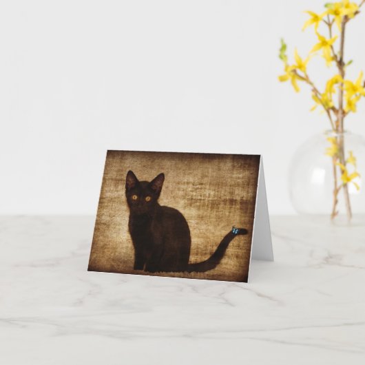 Schwarze Katze mit Schmetterling Notecard Karte (Gelbe Blume)