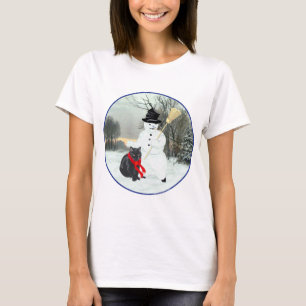 Schwarze Katze mit Schneemann T-Shirt