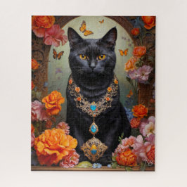 Schwarze Katze mit schönem Schmuck und Blume Puzzle
