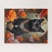Schwarze Katze mit schönem Schmuck und Blume Puzzle (Horizontal)