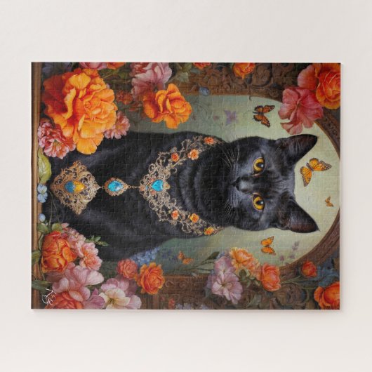 Schwarze Katze mit schönem Schmuck und Blume Puzzle (Horizontal)