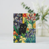 Schwarze Katze mit Schwertlilien Postkarte (Stehend Vorderseite)