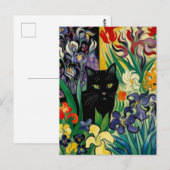 Schwarze Katze mit Schwertlilien Postkarte (Vorne/Hinten)