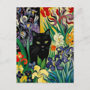 Schwarze Katze mit Schwertlilien Postkarte