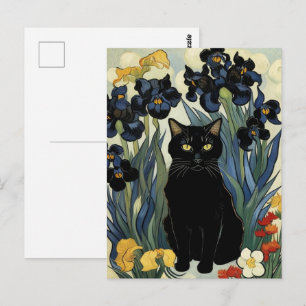 Schwarze Katze mit Schwertlilien Postkarte