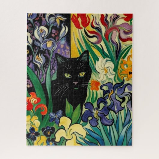 Schwarze Katze mit Schwertlilien Puzzle (Vertikal)