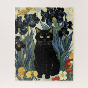 Schwarze Katze mit Schwertlilien Puzzle