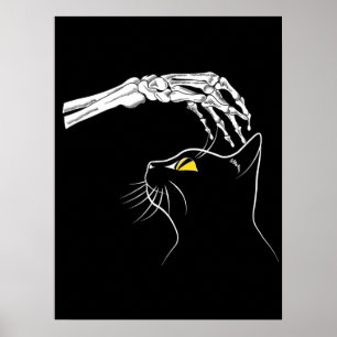 Schwarze Katze mit Skeletthand Halloween Spooky Poster