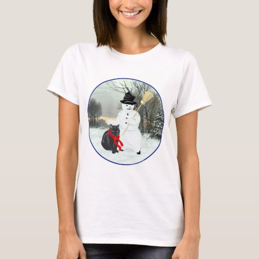 Schwarze Katze mit Snowman T-Shirt (Vorderseite)