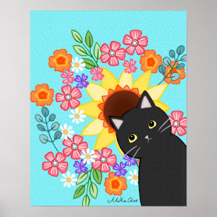 Schwarze Katze mit Sonnenblumen Bright Farbige Kat Poster