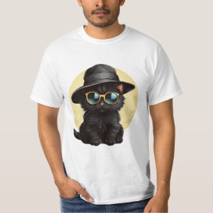 Schwarze Katze mit Sonnenbrille und Hut, lustige K T-Shirt