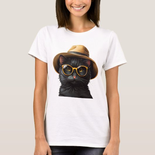 Schwarze Katze mit Sonnenbrille und Hut, lustige K T-Shirt (Vorderseite)