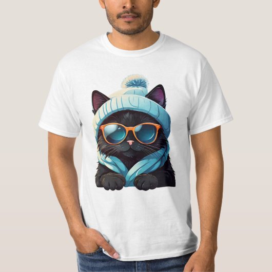 schwarze Katze mit Sonnenbrille und Wintermütze T-Shirt (Vorderseite)