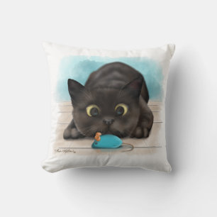 Schwarze Katze mit Spielzeugmaus Cartoon Kissen